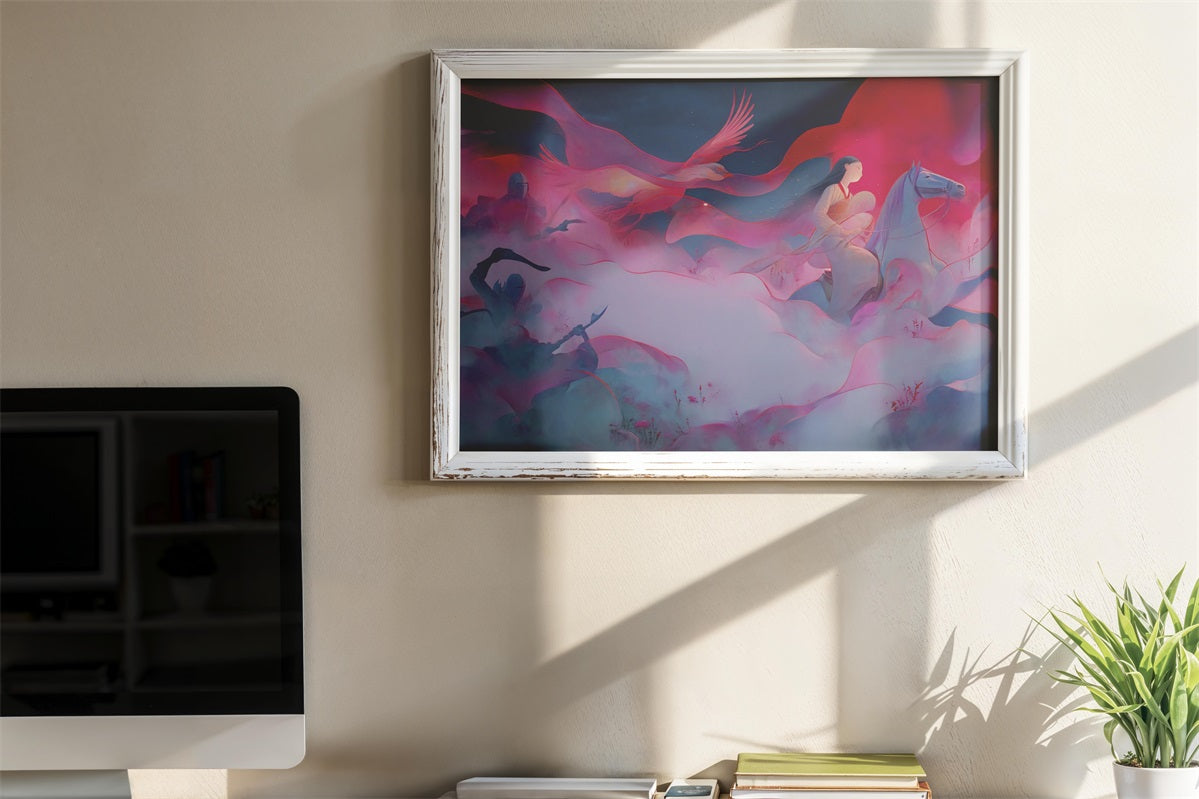 Riders of the Phoenix Mist – Modern Fantasy Warrior and Horse Illustration | Digital Download Wall Art