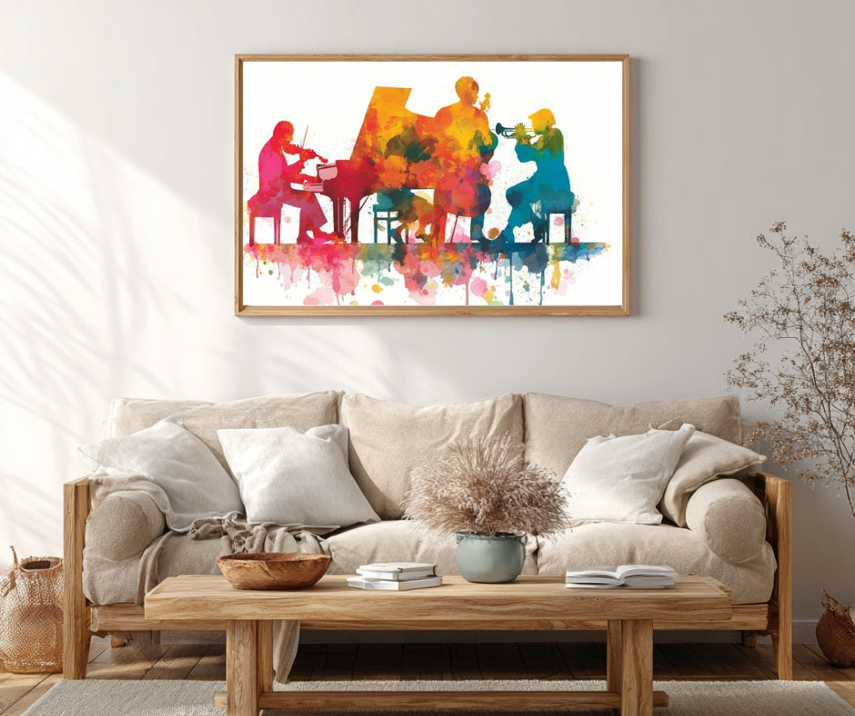 Jazz in Color – Vibrant Watercolor Silhouette Music Scene | Digital Download Wall Art