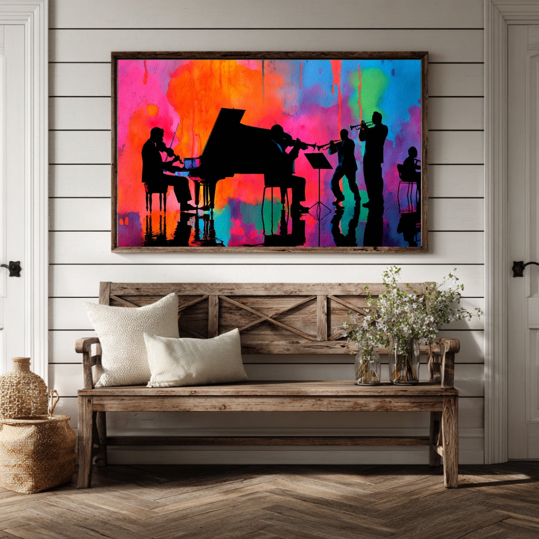 Vibrant Jazz Ensemble – Silhouette Music Art Print on Abstract Watercolor Background | Modern Wall Decor