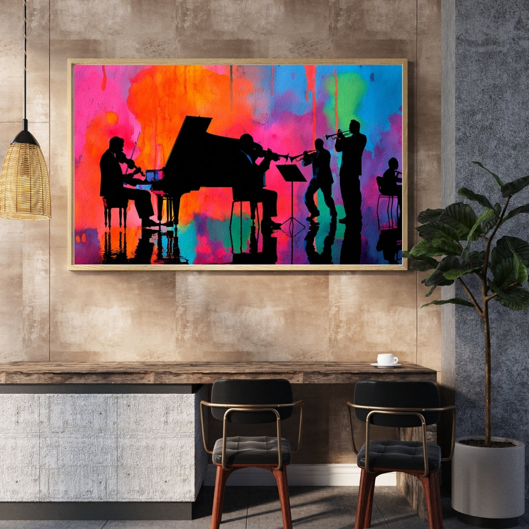 Vibrant Jazz Ensemble – Silhouette Music Art Print on Abstract Watercolor Background | Modern Wall Decor