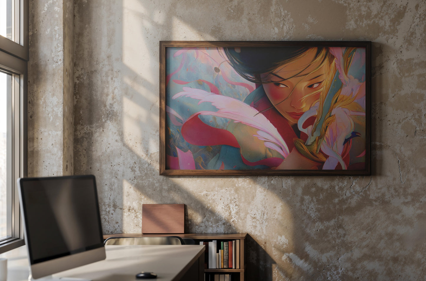 Flames of Courage – Modern Fantasy Warrior Portrait with Sword and Feathers | Digital Download Wall Art