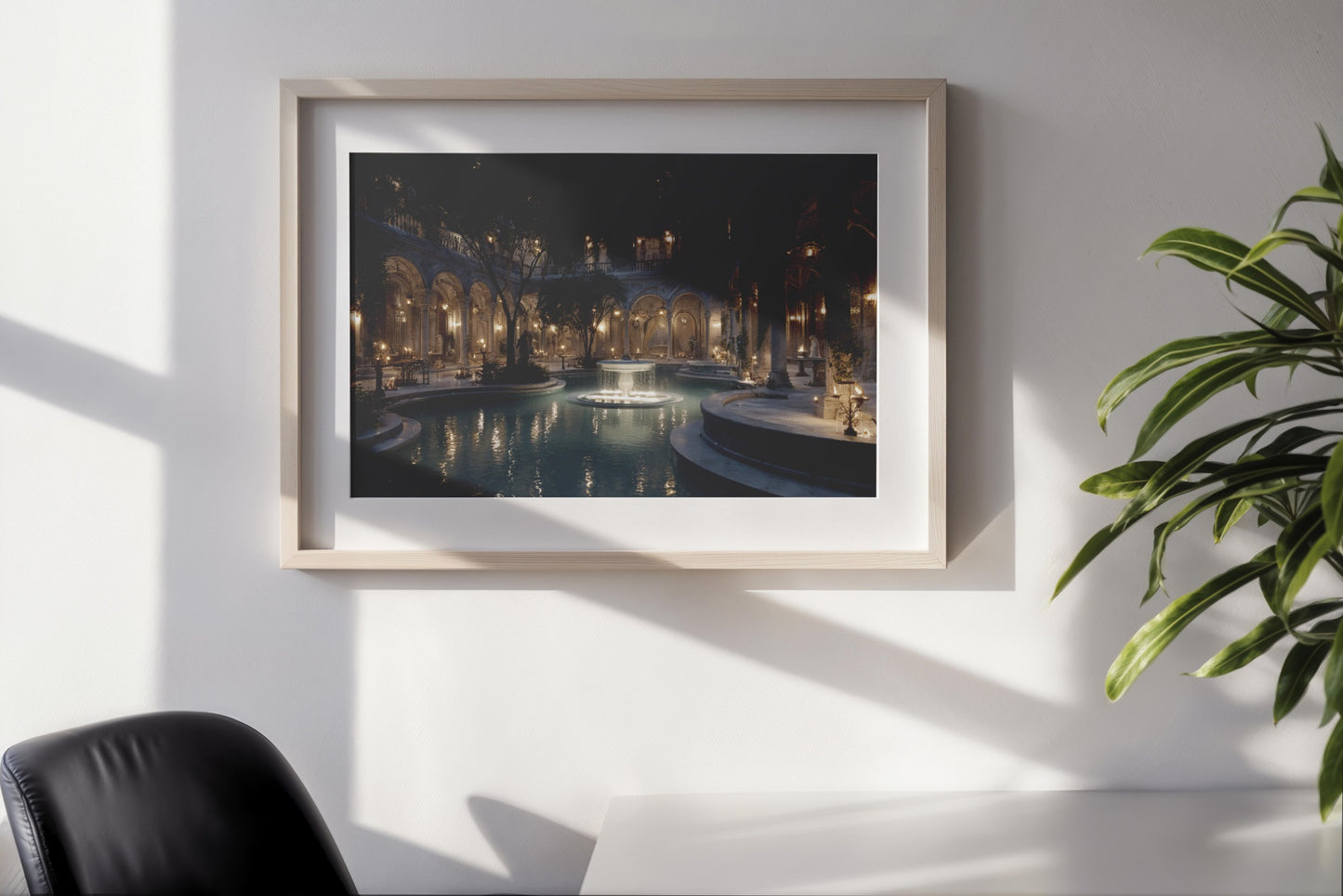 Whispers of the Courtyard – Neoclassical Romanticism Digital Wall Art | Moonlit Fountain Palace Download