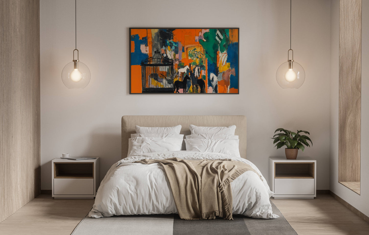 Vivid Encounter – Modern Abstract Expressionist Painting with Horses and Birdcage | Digital Download Wall Art