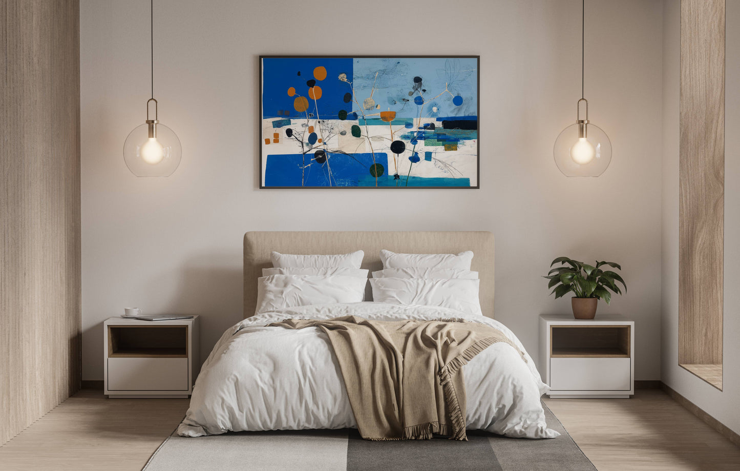 Golden Blue Blooms – Modern Abstract Botanical Landscape Painting | Digital Download Wall Art