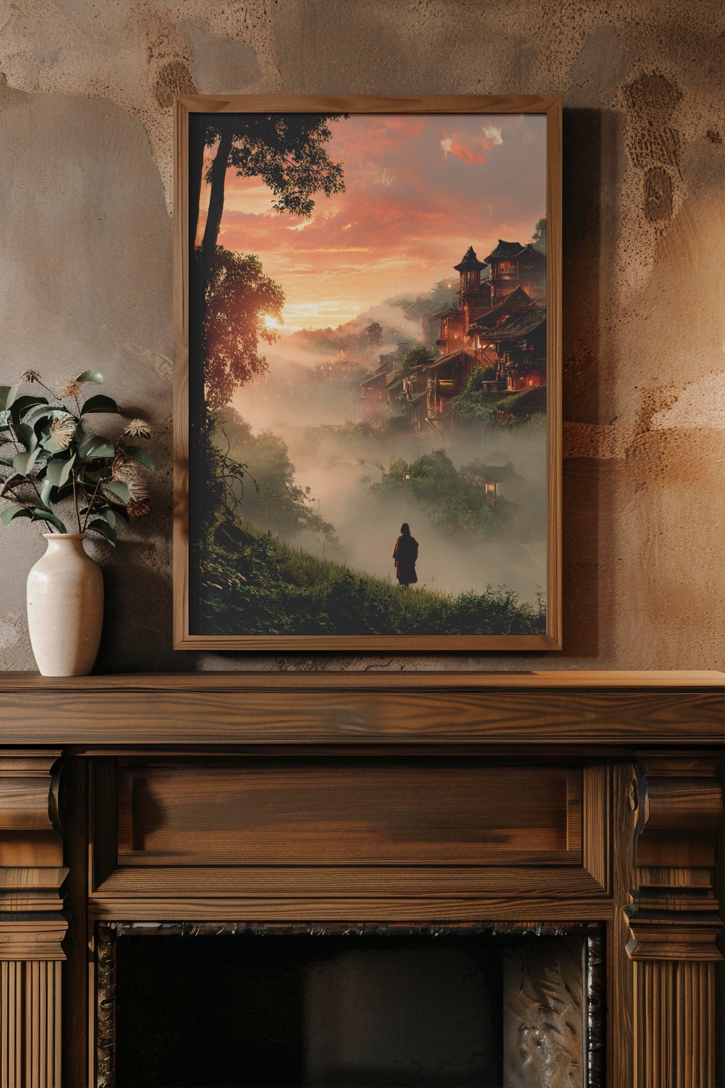 Misty Mountain Village – Modern Eastern Fantasy Landscape | Digital Download Wall Art