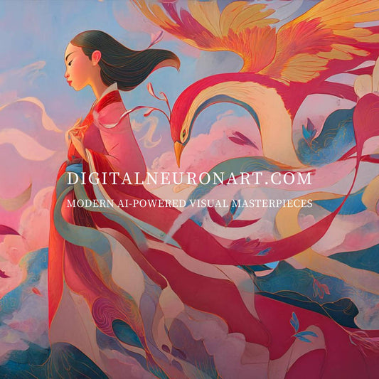Song of the Phoenix – Modern Fantasy Woman with Flowing Robes and Mythical Bird | Digital Download Wall Art
