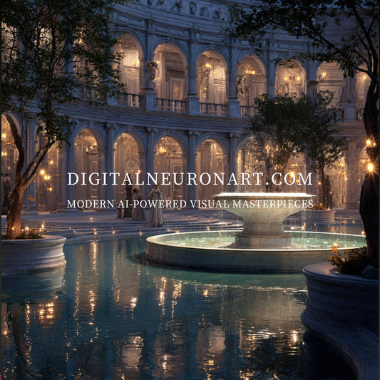 Moonlit Courtyard – Neoclassical Romanticism Digital Wall Art | Dreamy Architectural Fountain Scene