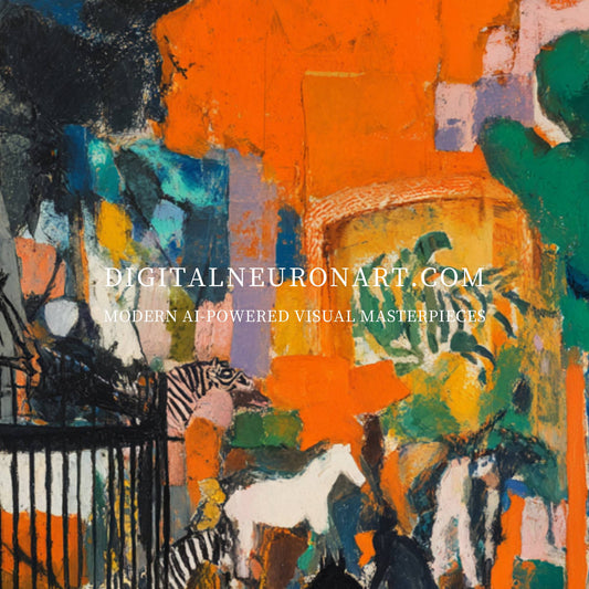 Vivid Encounter – Modern Abstract Expressionist Painting with Horses and Birdcage | Digital Download Wall Art