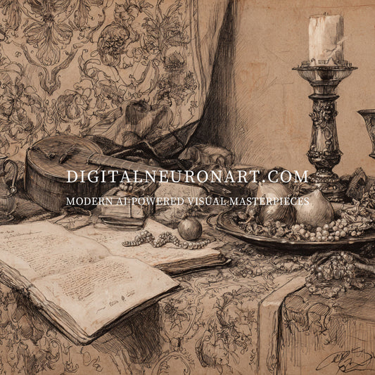 Whispers of the Baroque – Vintage Lute, Candle & Fruit Sketch | Digital Download Art Print