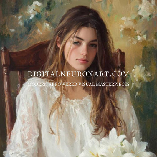 Elegance in White Lilies – Modern Realist Portrait Painting | Digital Download Wall Art