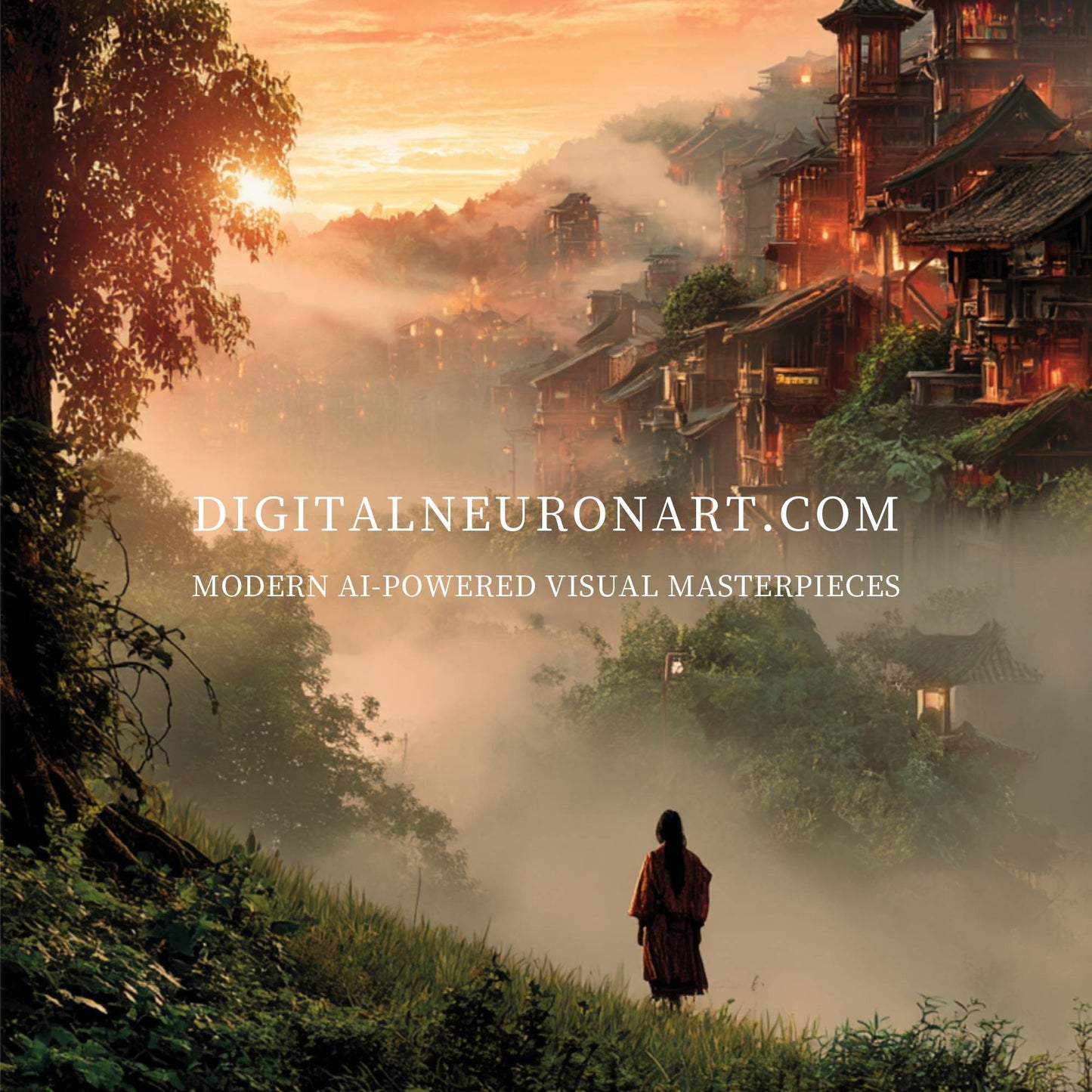 Misty Mountain Village – Modern Eastern Fantasy Landscape | Digital Download Wall Art