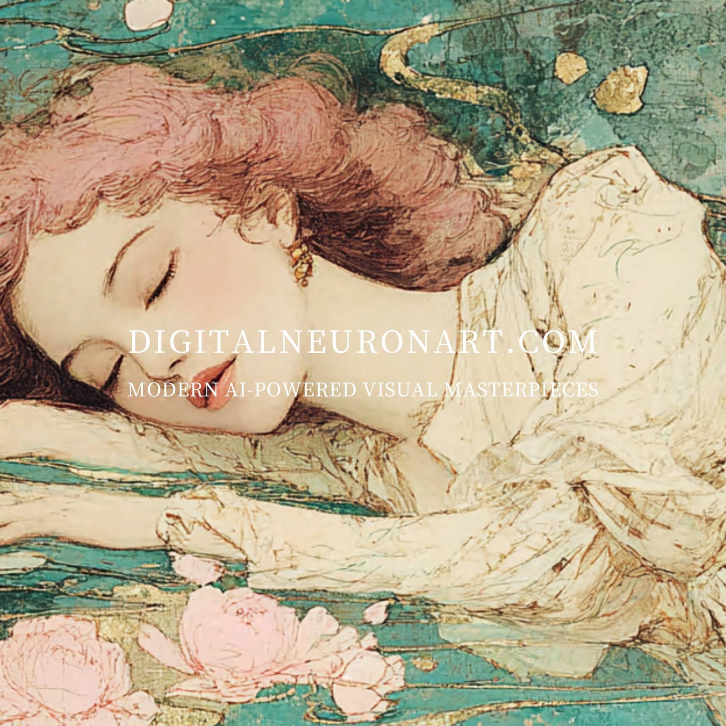 Dream of Petal Waters – Art Nouveau Sleeping Maiden Floral Painting | Digital Download Wall Art