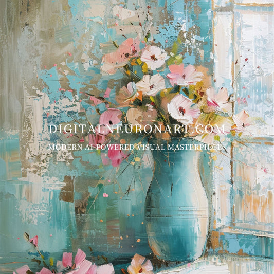 Bloom by the Window – AI Floral Painting Print | Digital Download | Modern Pastel Wall Art