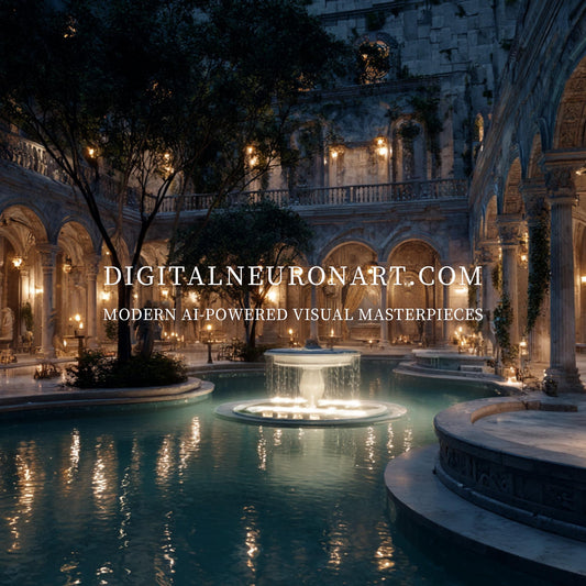 Whispers of the Courtyard – Neoclassical Romanticism Digital Wall Art | Moonlit Fountain Palace Download