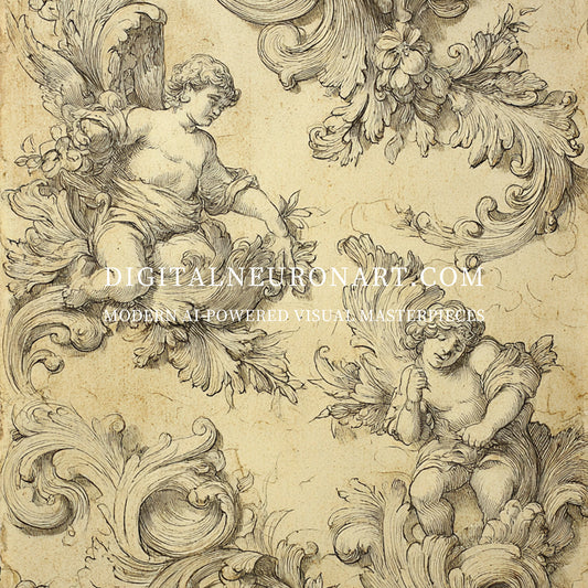 Cherubs and Baroque Whispers - Vintage Angel Line Art | AI Wall Print | Digital Download | Classical Art Poster | Printable Home Decor