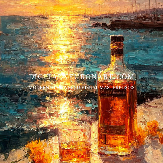 Sunset Whiskey Reflections – Impressionist Seaside Oil Painting | Digital Download Wall Art