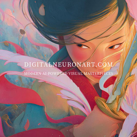 Flames of Courage – Modern Fantasy Warrior Portrait with Sword and Feathers | Digital Download Wall Art