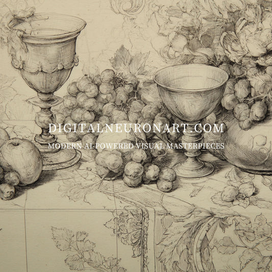 Baroque Still Life Sketch – Vintage Fruit & Goblet Drawing | Digital Download | Printable Wall Art