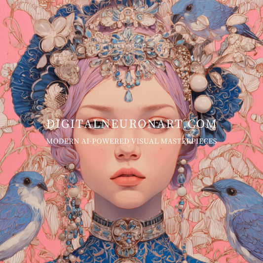 Blossoms & Bluebirds – Elegant Oriental Portrait Illustration | Digital Download Wall Art