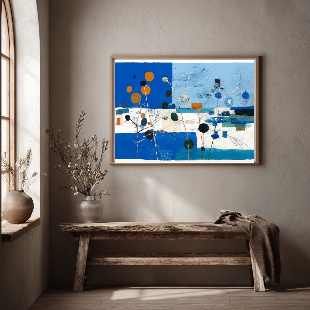 Golden Blue Blooms – Modern Abstract Botanical Landscape Painting | Digital Download Wall Art