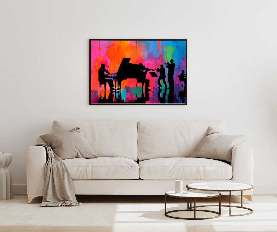Vibrant Jazz Ensemble – Silhouette Music Art Print on Abstract Watercolor Background | Modern Wall Decor