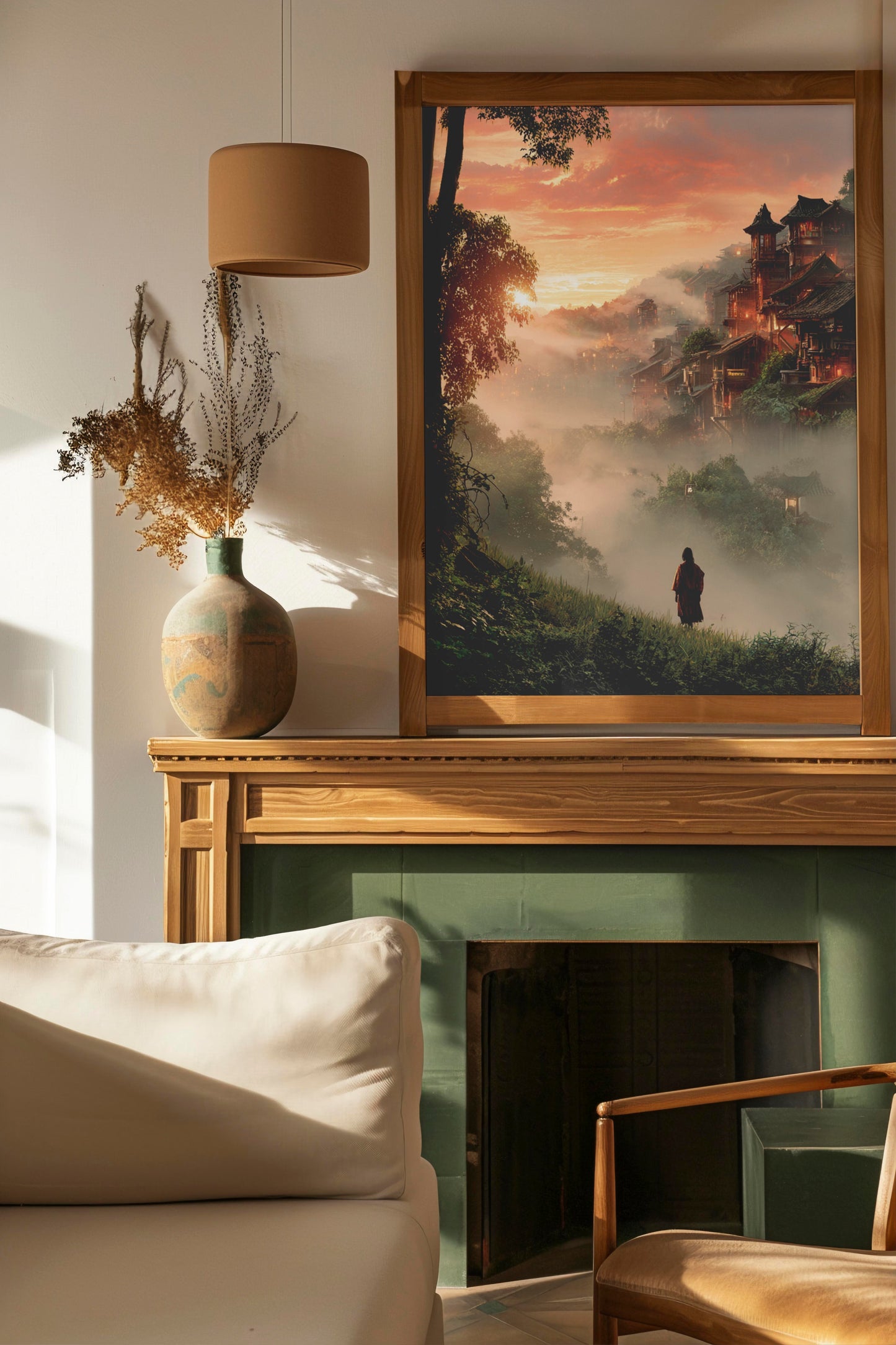 Misty Mountain Village – Modern Eastern Fantasy Landscape | Digital Download Wall Art
