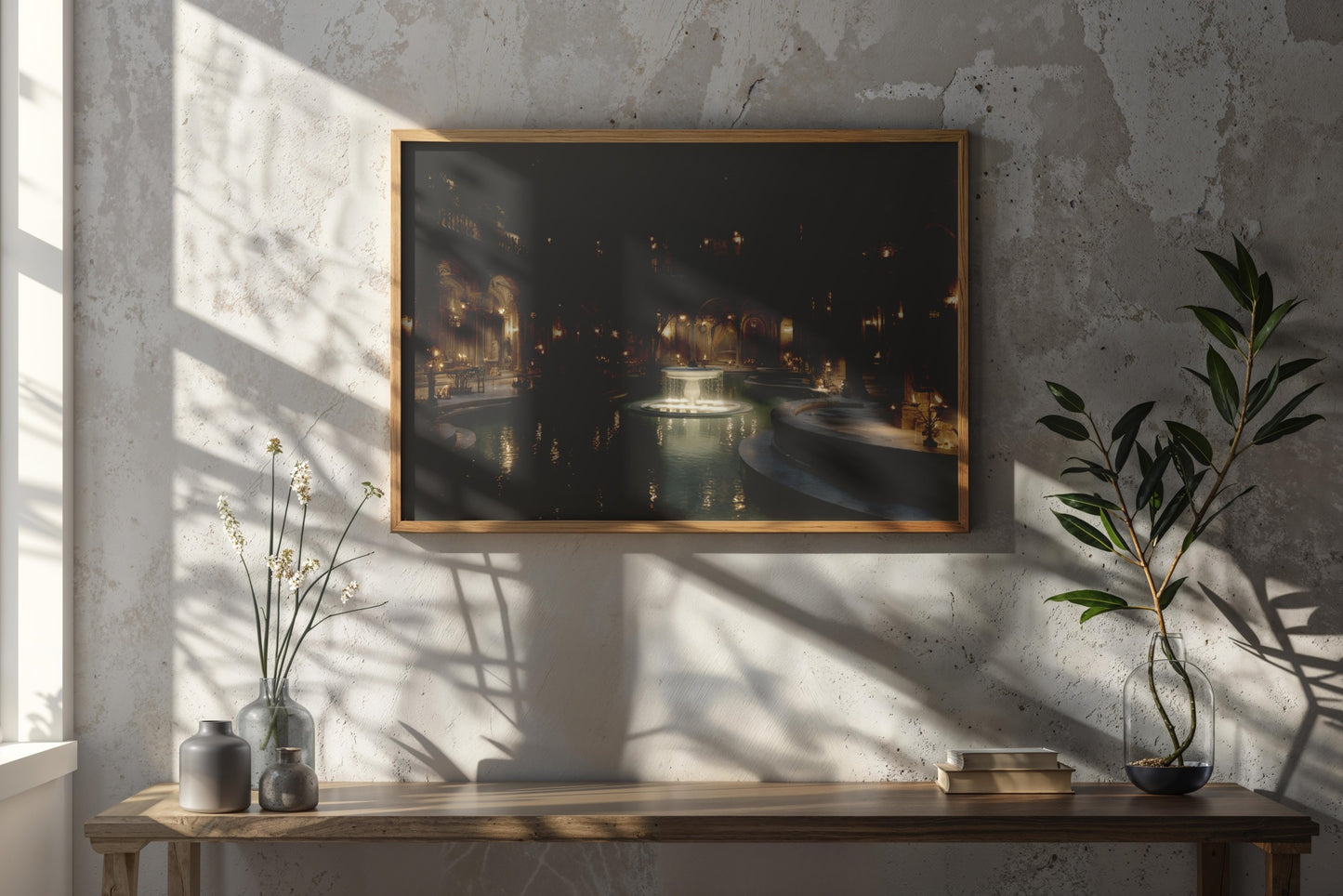 Whispers of the Courtyard – Neoclassical Romanticism Digital Wall Art | Moonlit Fountain Palace Download