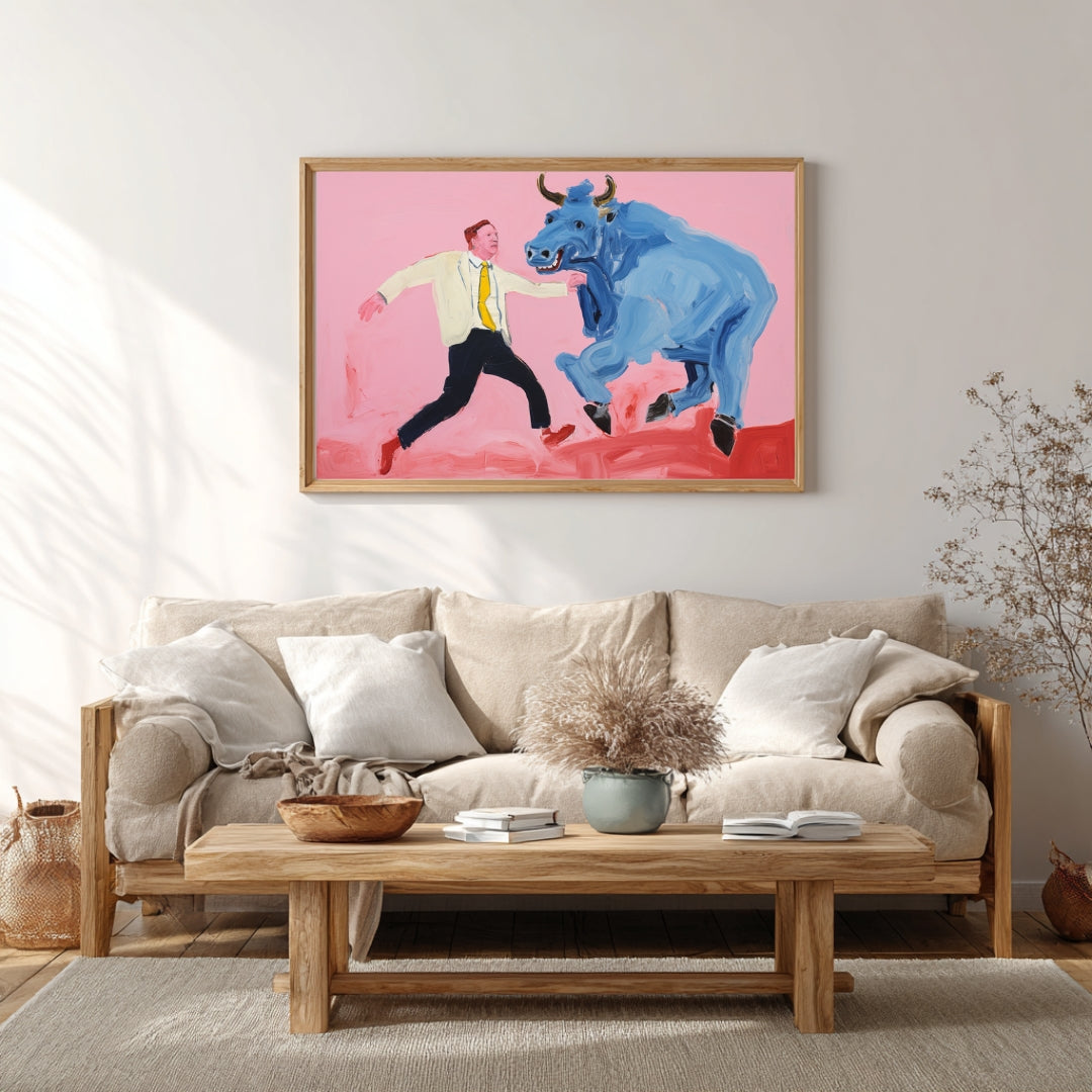 Man and Blue Bull – Modern Abstract Figurative Painting | Digital Download Wall Art