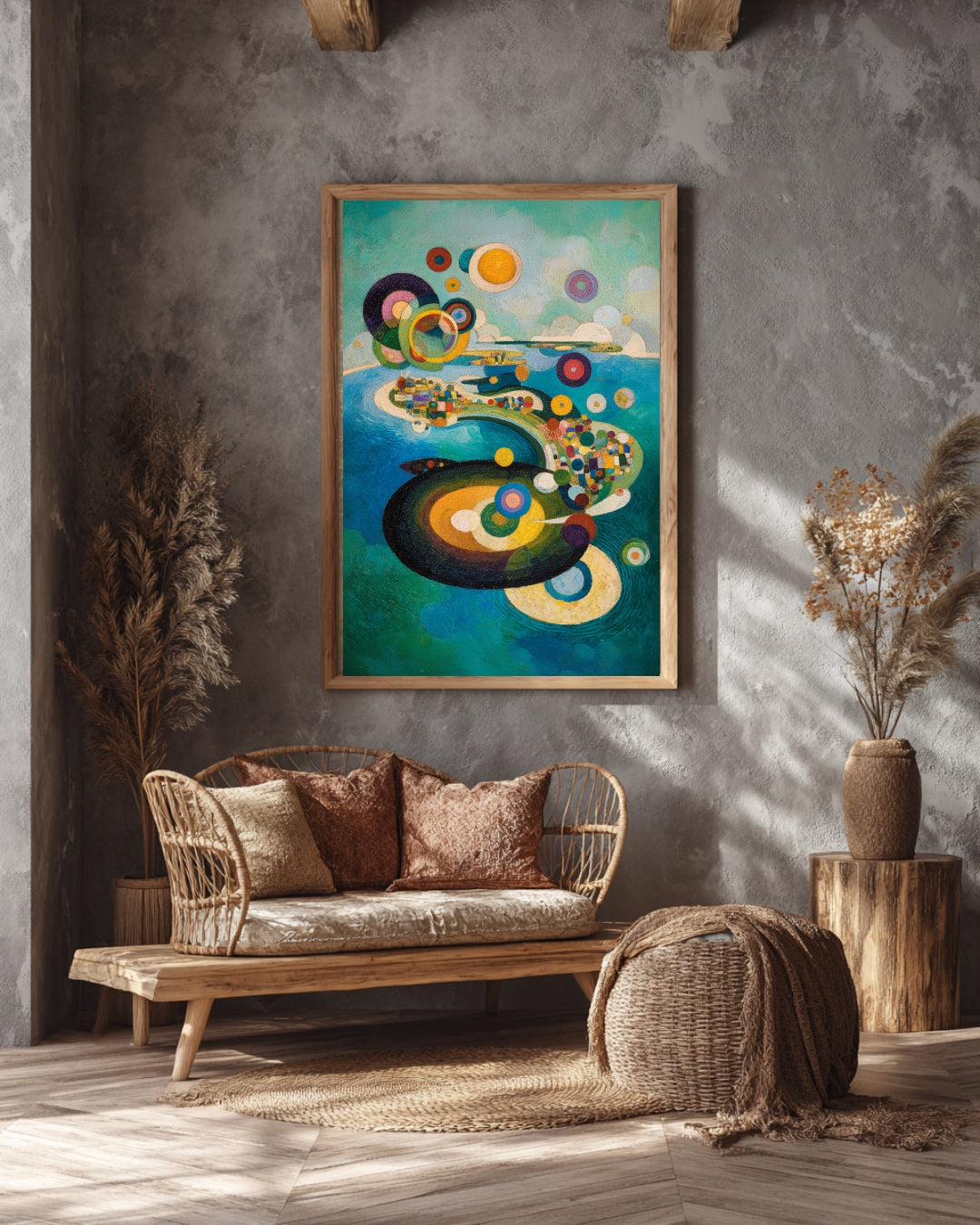 Celestial Currents – Modern Abstract Geometric Painting with Cosmic Circles | Digital Download Wall Art