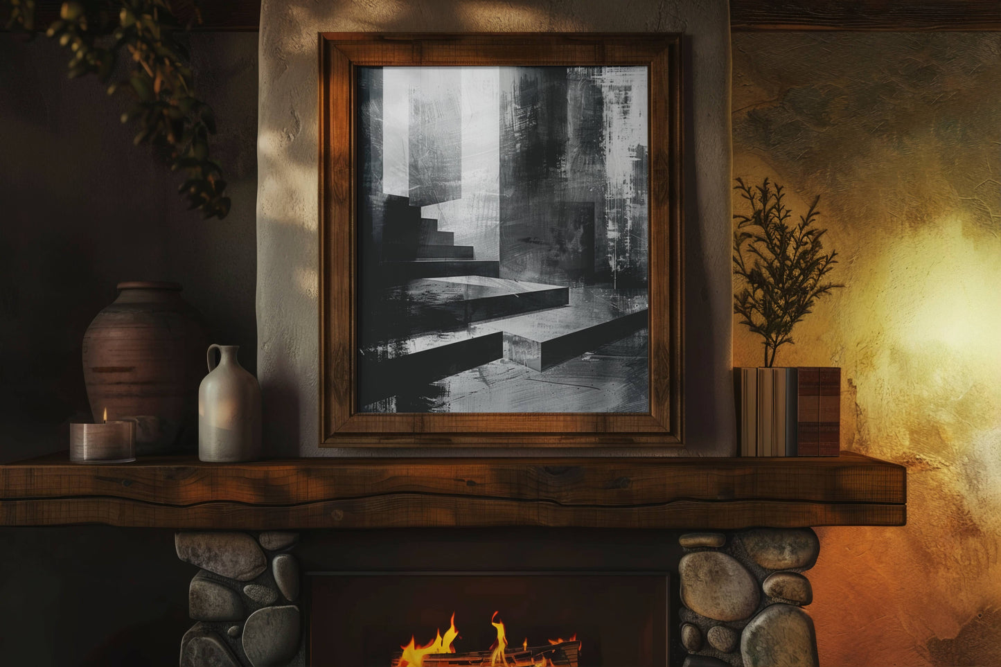 Shadowed Ascent - Abstract Architectural Stairs Art | Printable Wall Art | AI Digital Painting