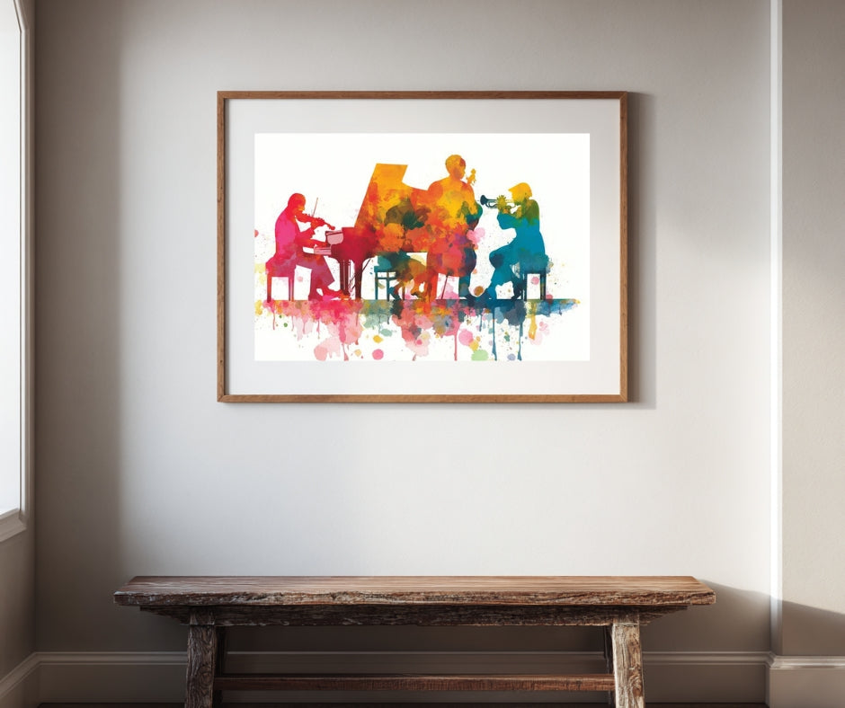 Jazz in Color – Vibrant Watercolor Silhouette Music Scene | Digital Download Wall Art