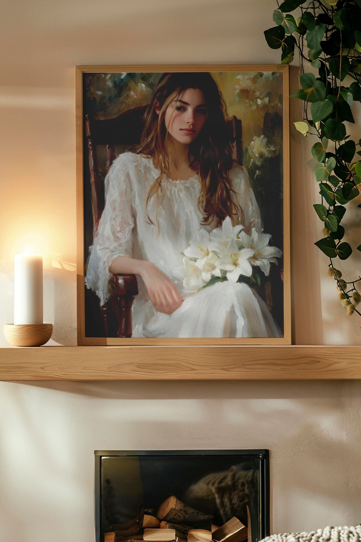 Elegance in White Lilies – Modern Realist Portrait Painting | Digital Download Wall Art