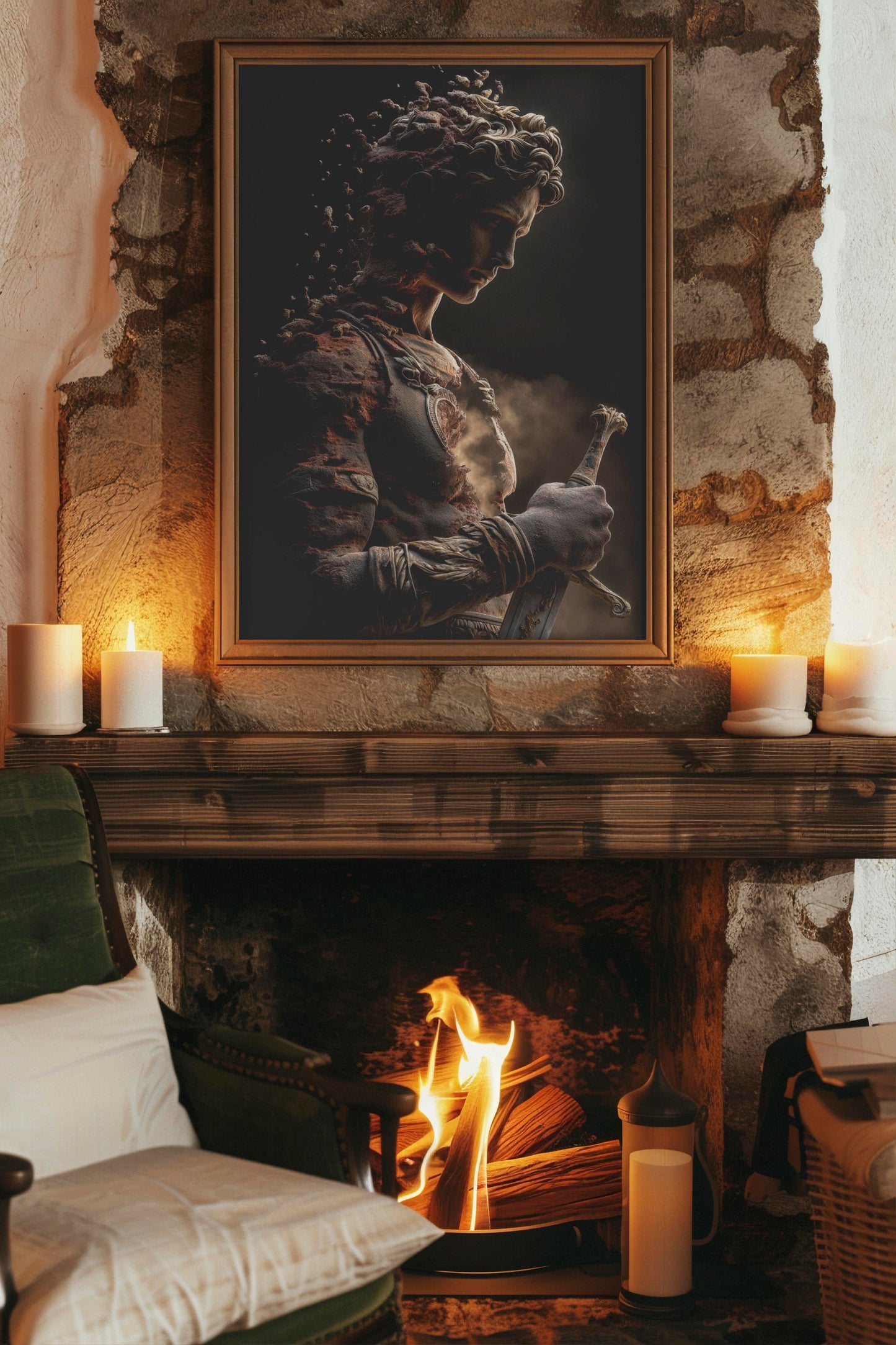 Fading Warrior Statue – Neo-Classical Fantasy Realism Digital Art Print | Epic Mythological Wall Décor Download