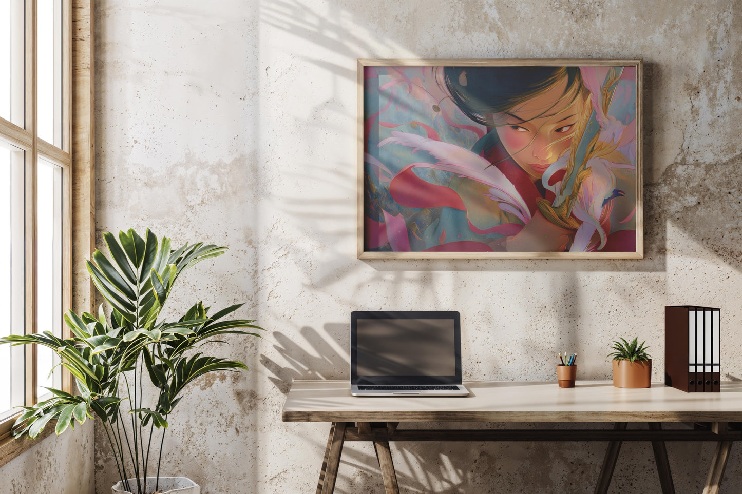 Flames of Courage – Modern Fantasy Warrior Portrait with Sword and Feathers | Digital Download Wall Art