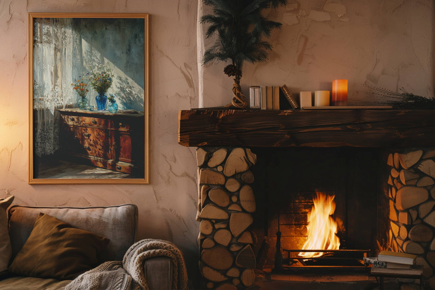Cozy living room with stone fireplace, painting on the wall, and books on a shelf.