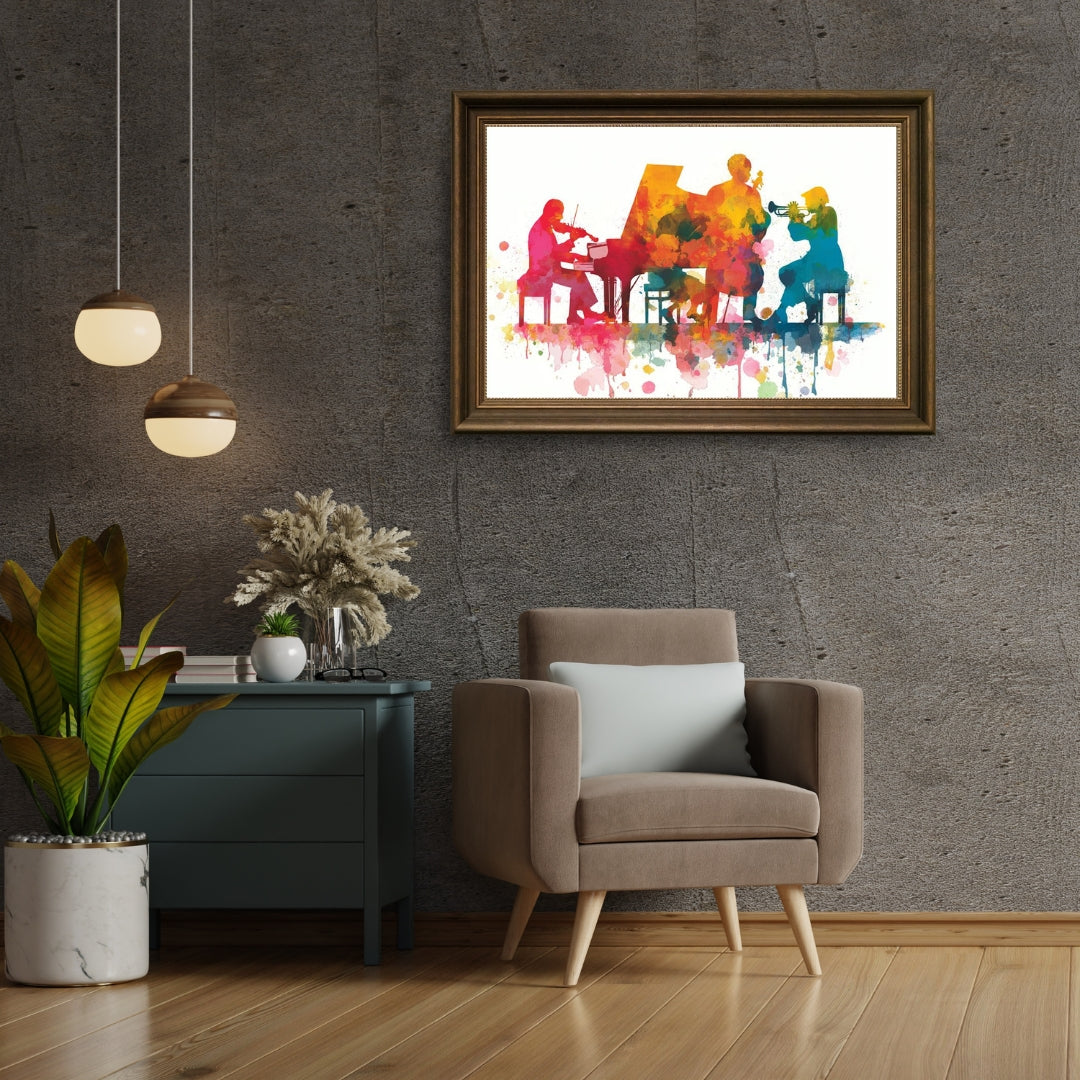 Jazz in Color – Vibrant Watercolor Silhouette Music Scene | Digital Download Wall Art