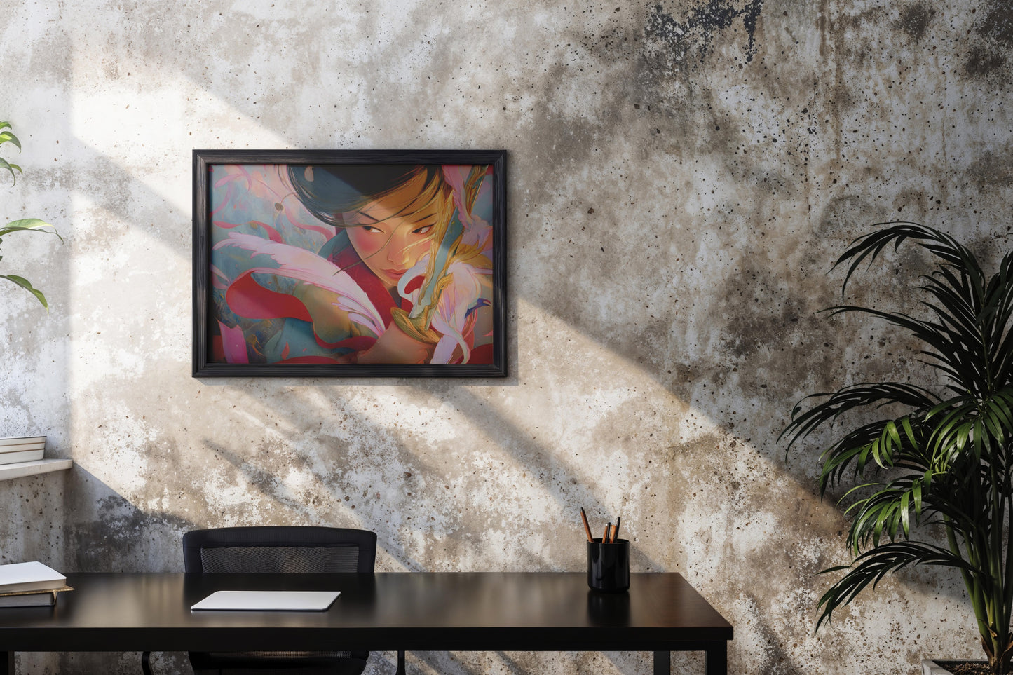 Flames of Courage – Modern Fantasy Warrior Portrait with Sword and Feathers | Digital Download Wall Art