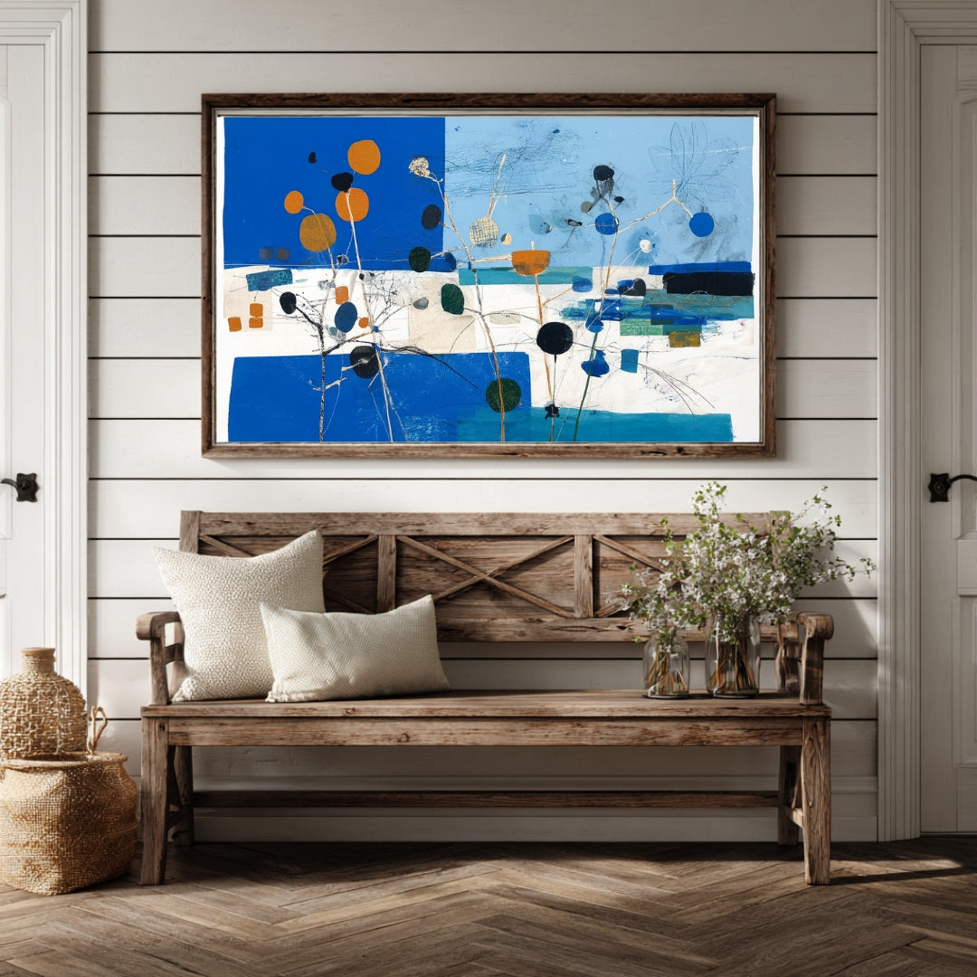 Golden Blue Blooms – Modern Abstract Botanical Landscape Painting | Digital Download Wall Art