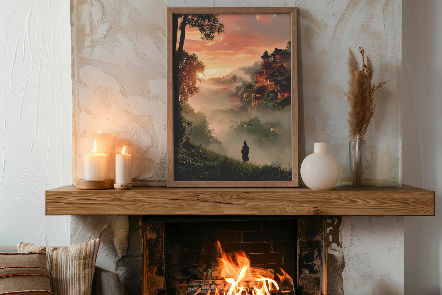 Misty Mountain Village – Modern Eastern Fantasy Landscape | Digital Download Wall Art