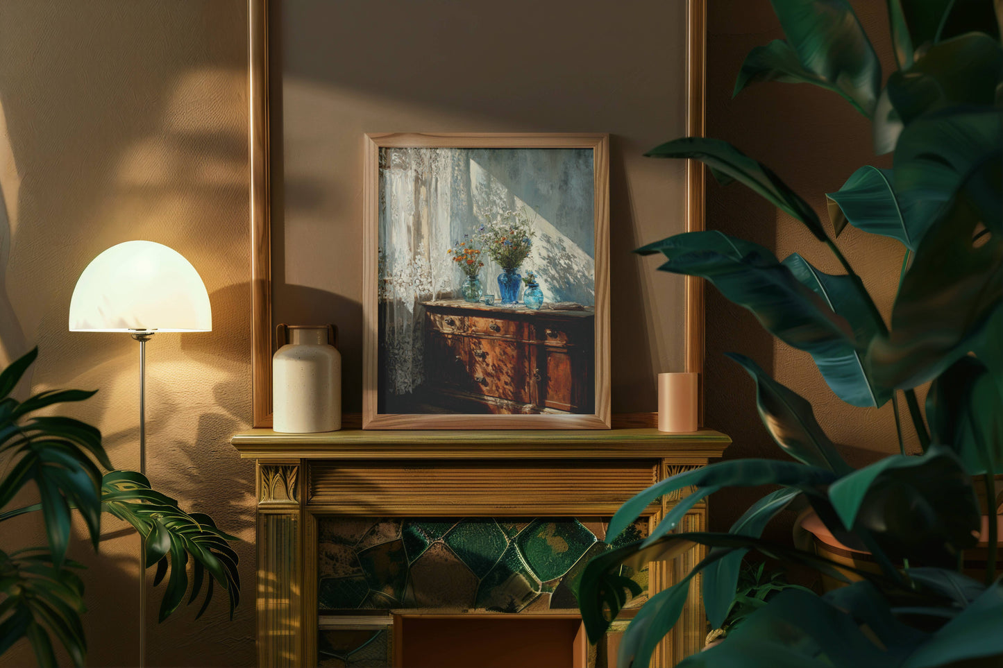 Framed artwork on a wooden surface with plants and a lamp in a warm-toned room.