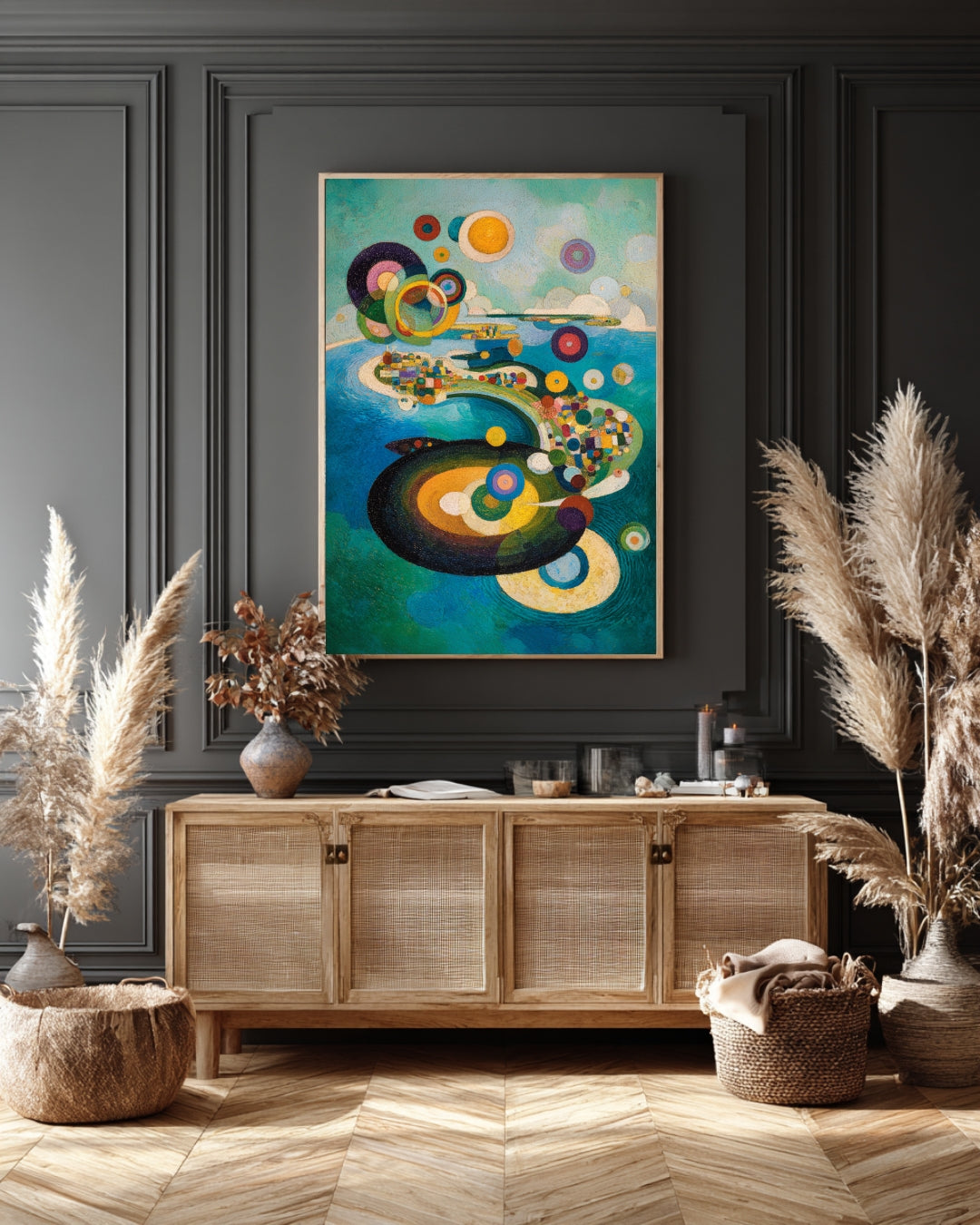 Celestial Currents – Modern Abstract Geometric Painting with Cosmic Circles | Digital Download Wall Art