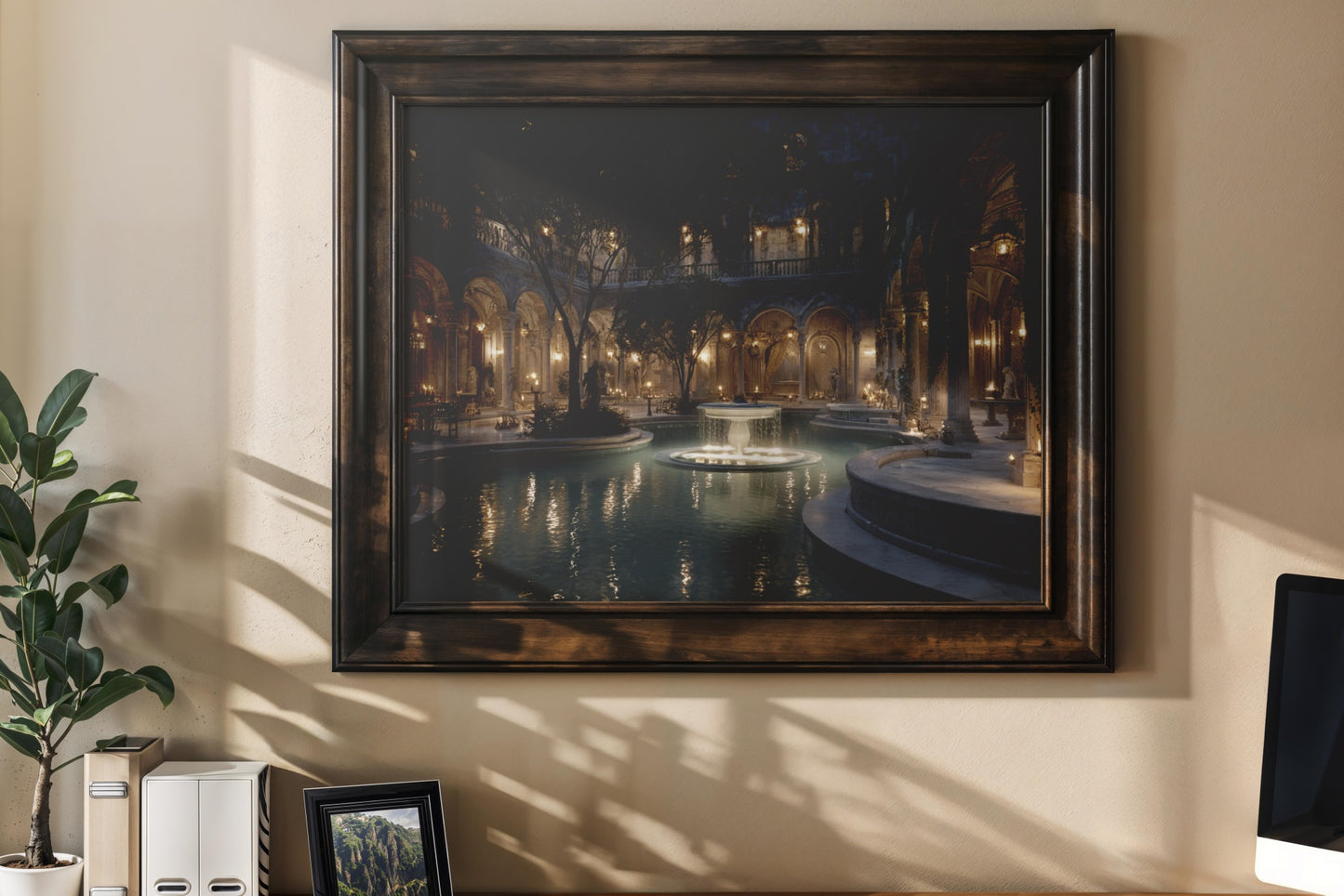 Whispers of the Courtyard – Neoclassical Romanticism Digital Wall Art | Moonlit Fountain Palace Download