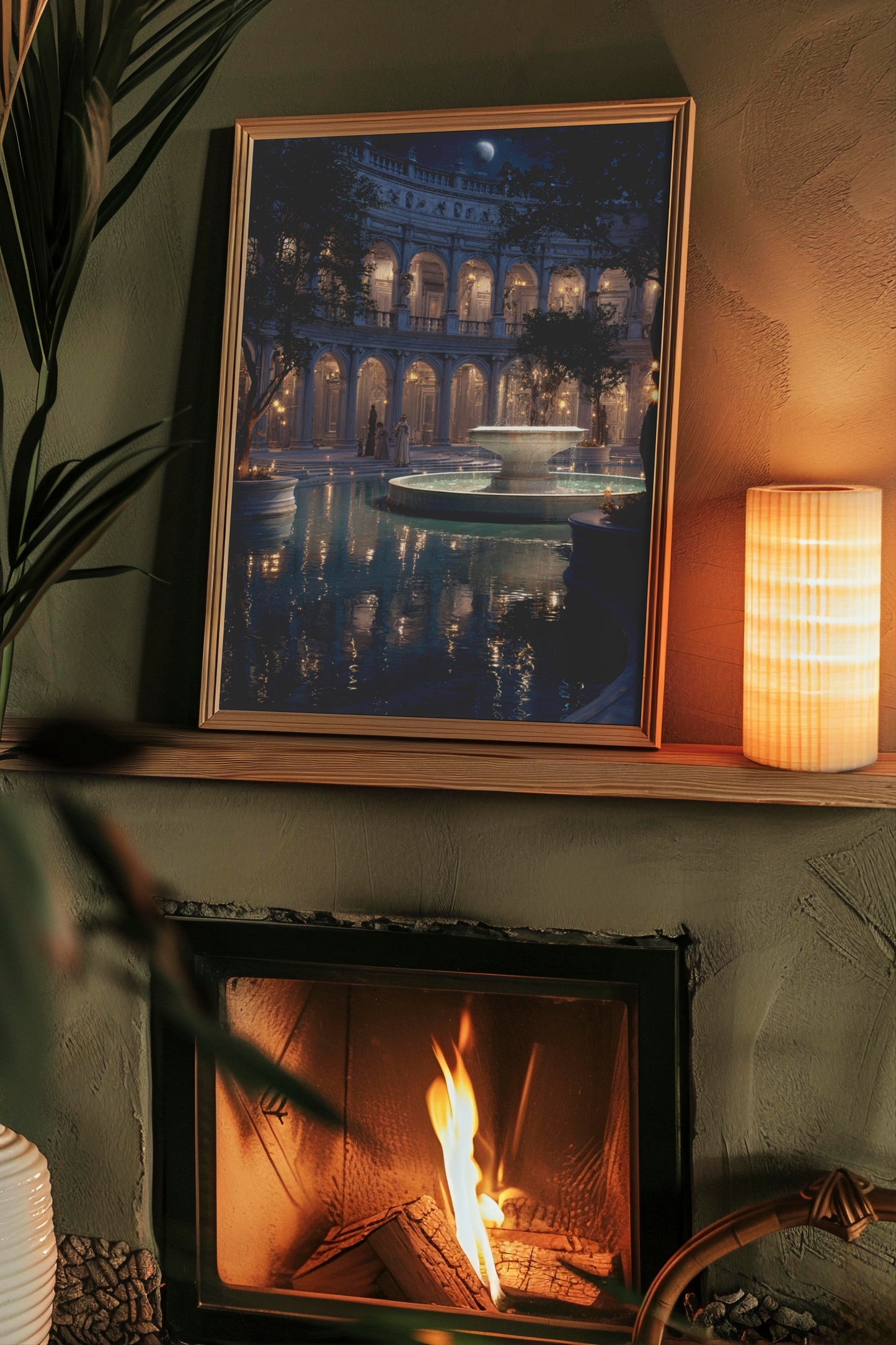 Moonlit Courtyard – Neoclassical Romanticism Digital Wall Art | Dreamy Architectural Fountain Scene
