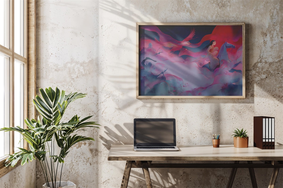 Riders of the Phoenix Mist – Modern Fantasy Warrior and Horse Illustration | Digital Download Wall Art