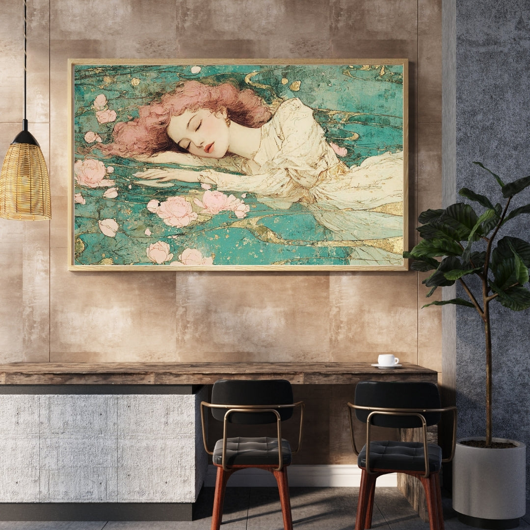 Dream of Petal Waters – Art Nouveau Sleeping Maiden Floral Painting | Digital Download Wall Art