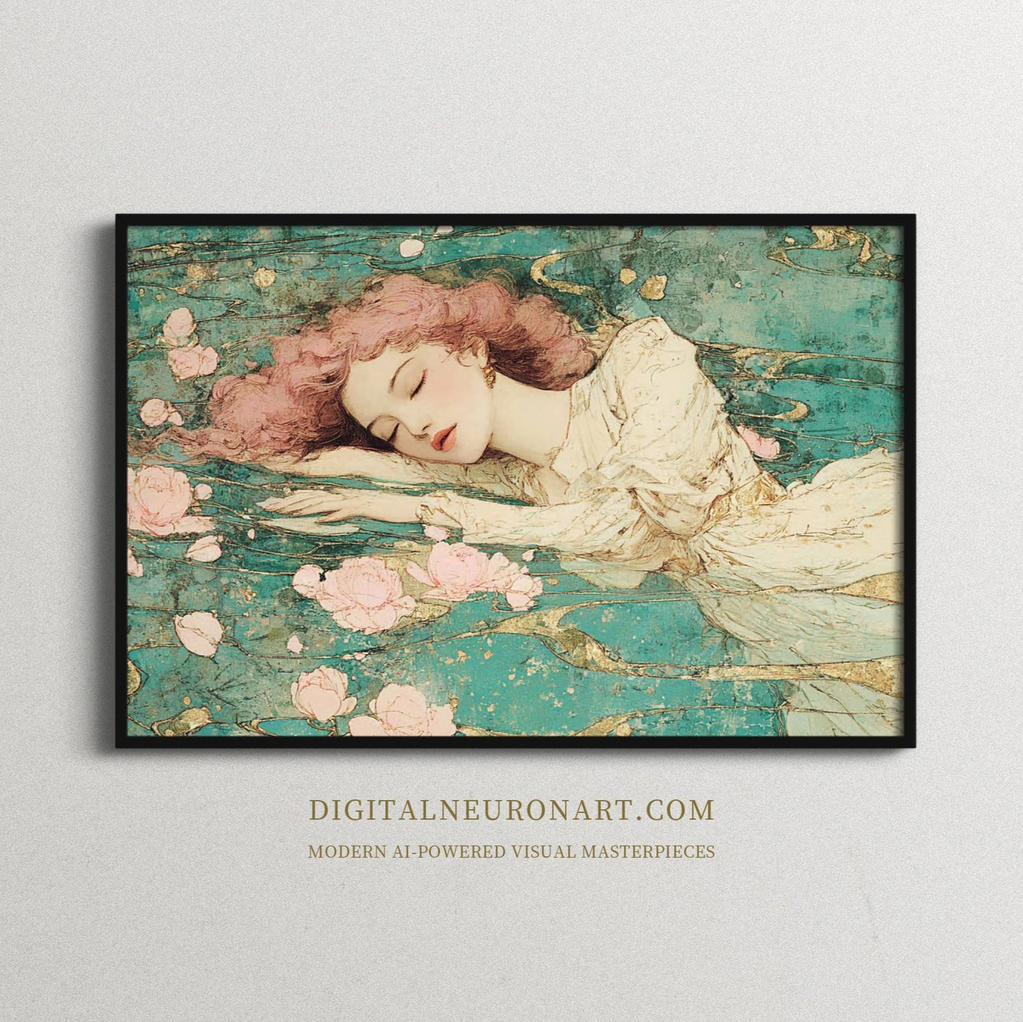 Dream of Petal Waters – Art Nouveau Sleeping Maiden Floral Painting | Digital Download Wall Art