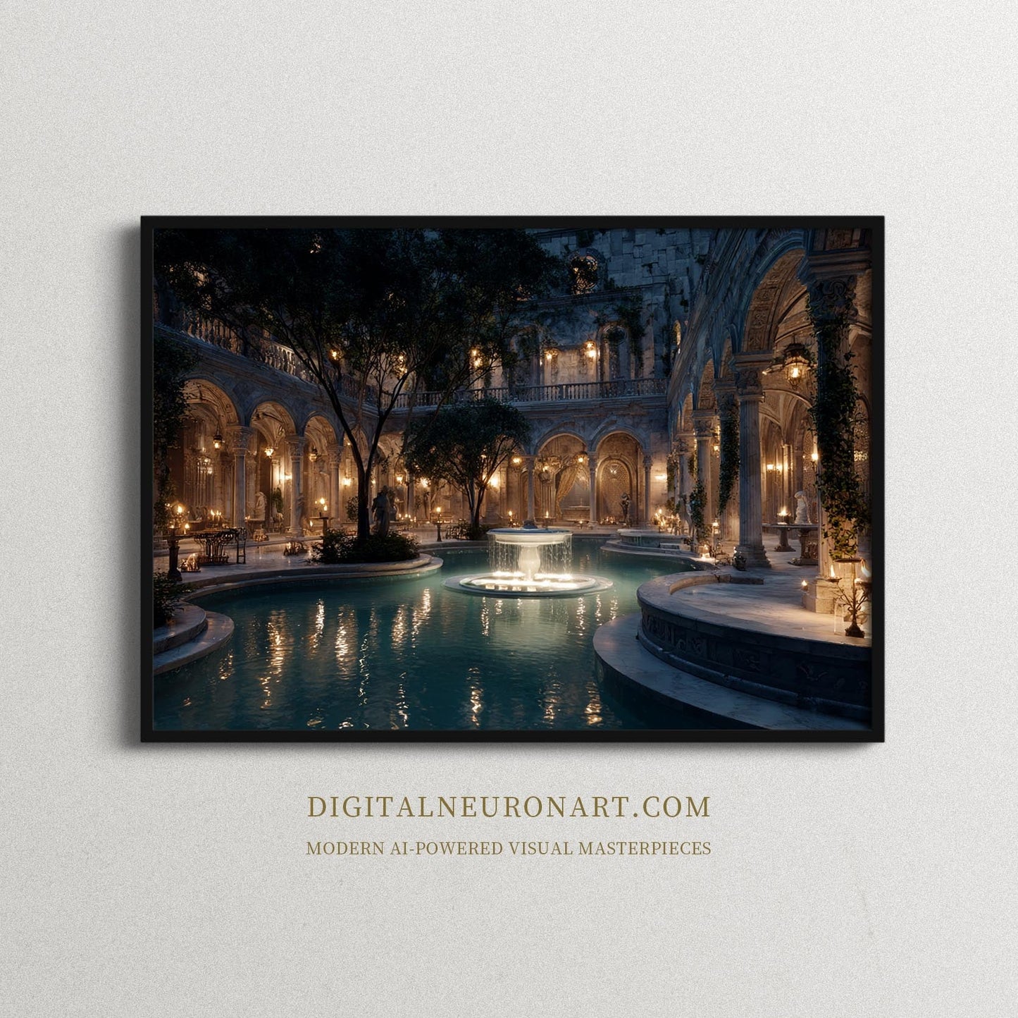 Whispers of the Courtyard – Neoclassical Romanticism Digital Wall Art | Moonlit Fountain Palace Download