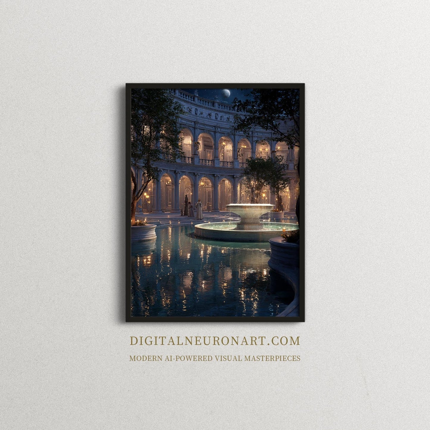 Moonlit Courtyard – Neoclassical Romanticism Digital Wall Art | Dreamy Architectural Fountain Scene
