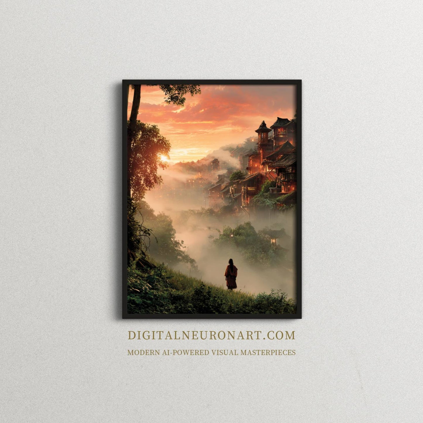 Misty Mountain Village – Modern Eastern Fantasy Landscape | Digital Download Wall Art