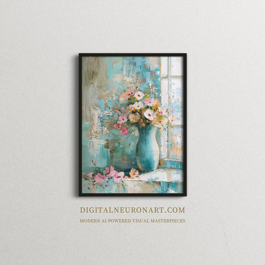 Bloom by the Window – AI Floral Painting Print | Digital Download | Modern Pastel Wall Art
